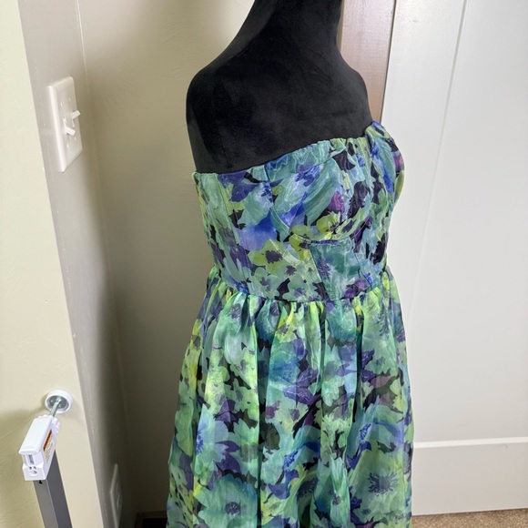 Lulus Wonderful Waltz Green Floral Print Strapless Bustier Maxi Dress Lined Slit - Picture 5 of 9